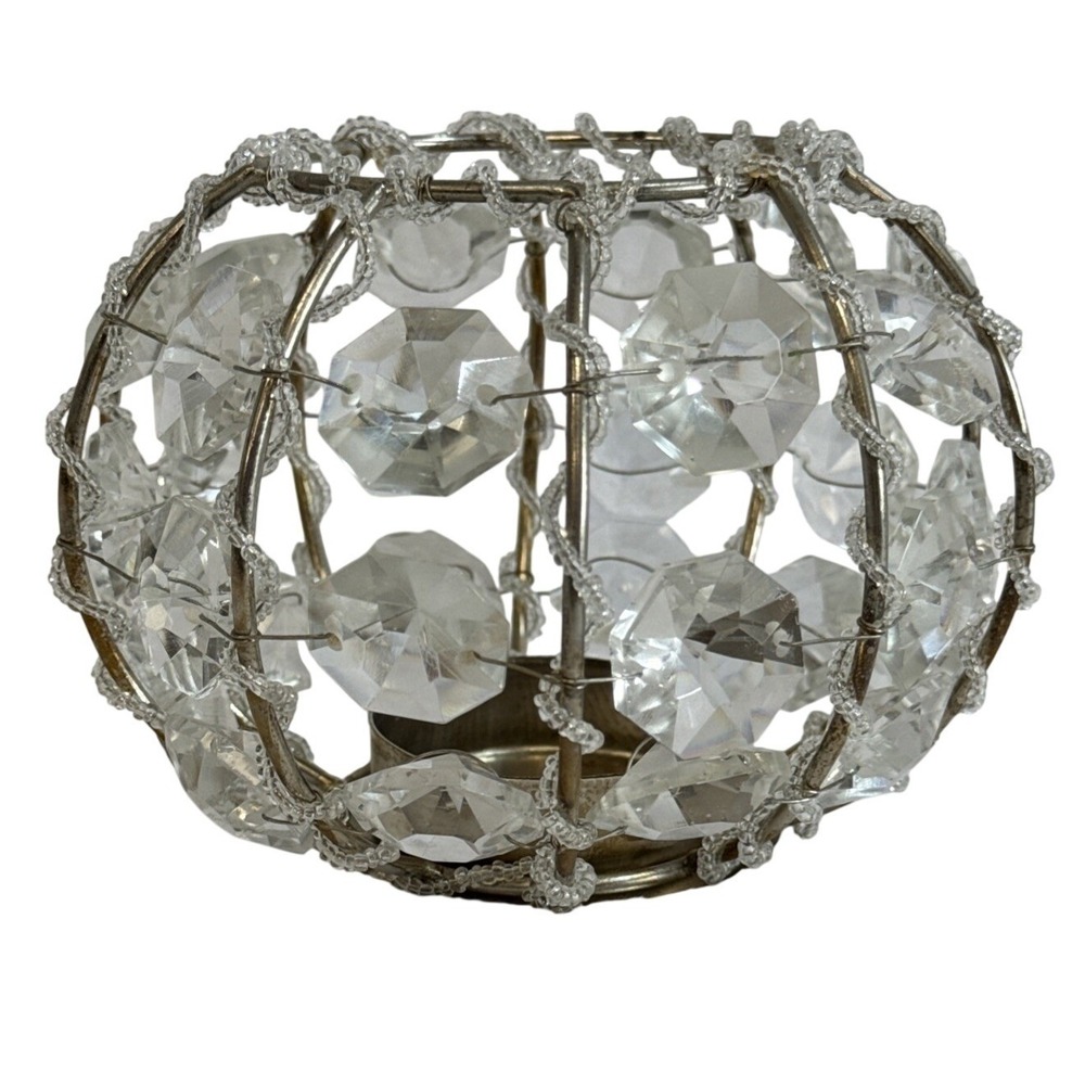 Vintage‎ Beaded Crystal Prism Votive Candle Holder Silver Tone